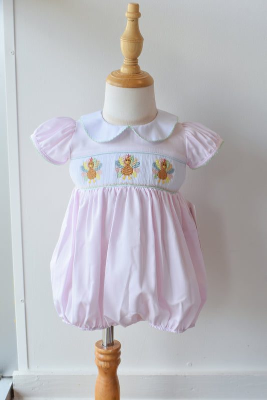 Rosie’s Colorful Turkeys Smocked Collared Bubble