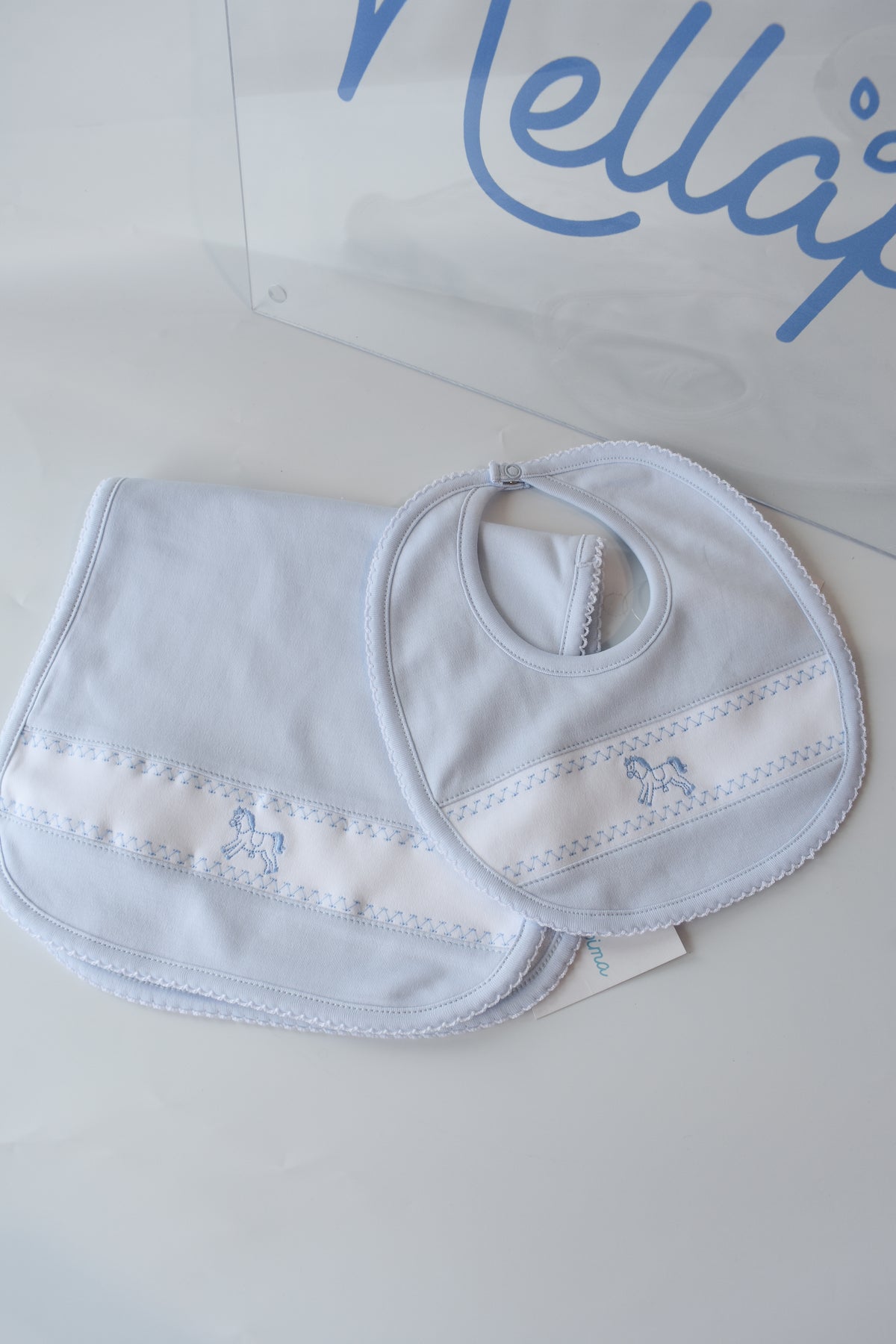 Blue Rocking Horse Embroidered Bib