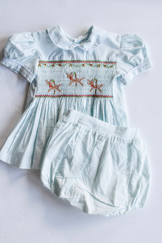 Vintage Wintergreen Reindeer Smocked Bloomer Set