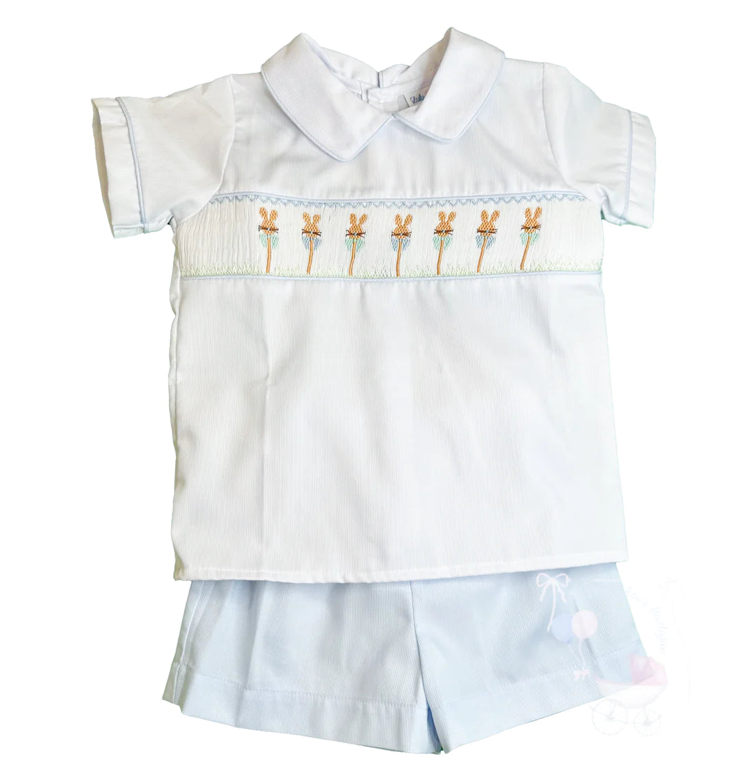 Smocked White/Blue Set W/ Rabbits