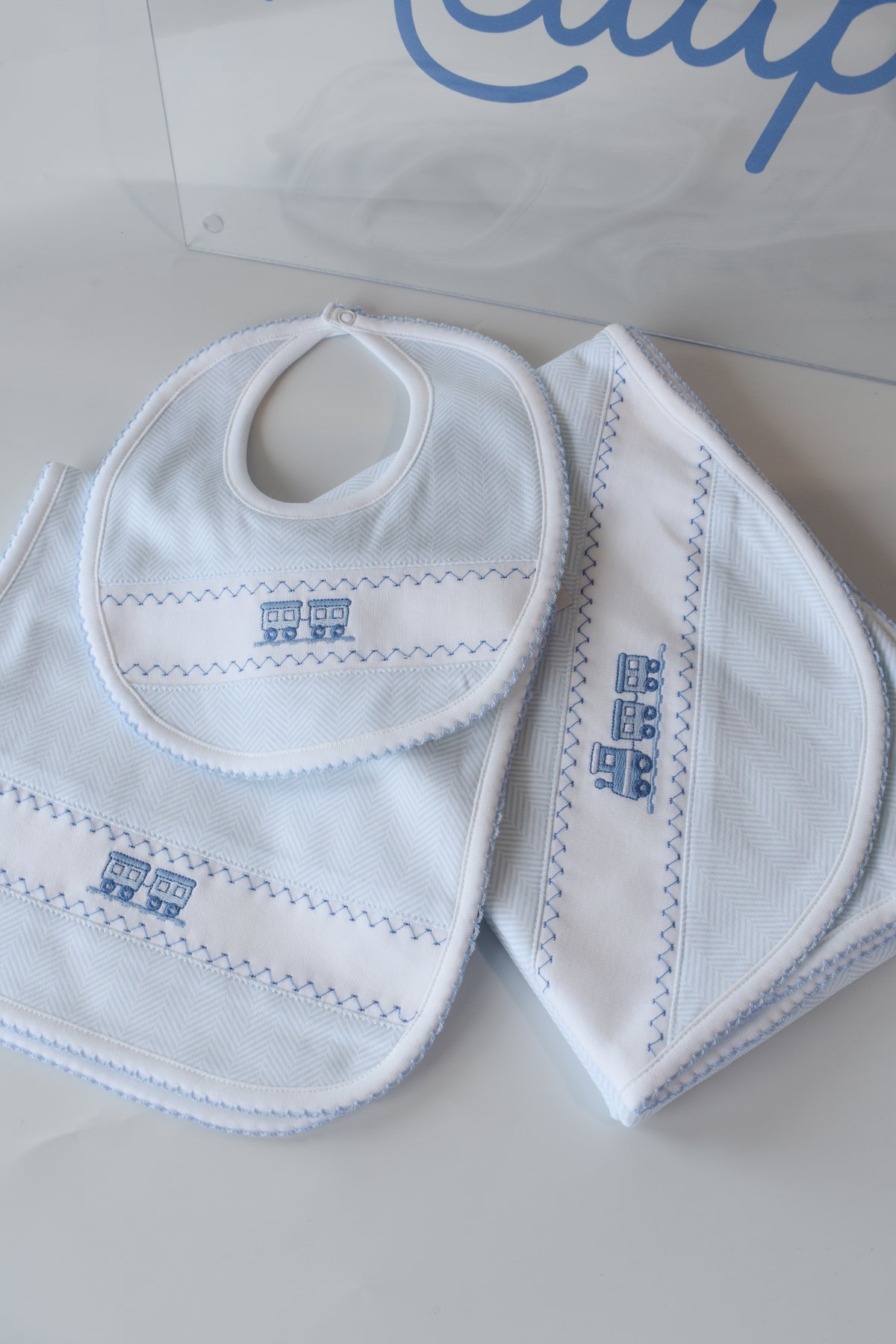 Blue Herringbone Train Embroidered Blanket