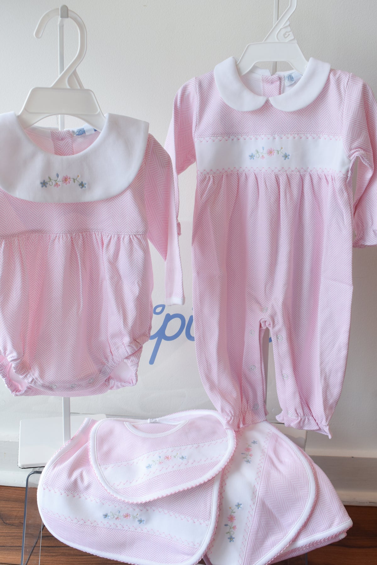 Pink Herringbone Floral Embroidered Bib