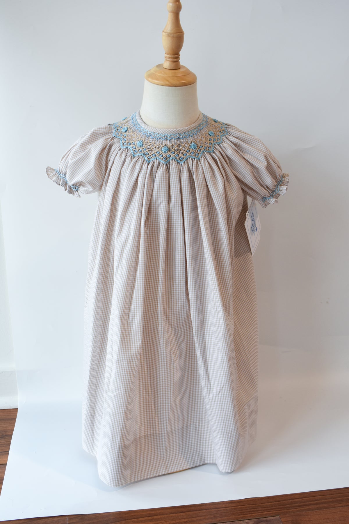 Khaki Check Blue Floral Bishop Dress
