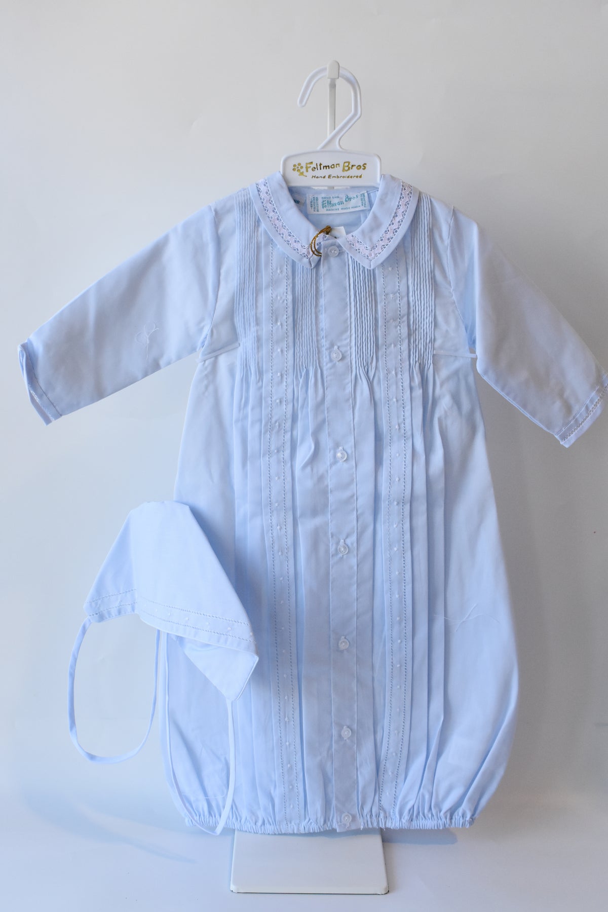 Boy's Pintuck "Take Me Home" Gown/Bonnet Set-Blue