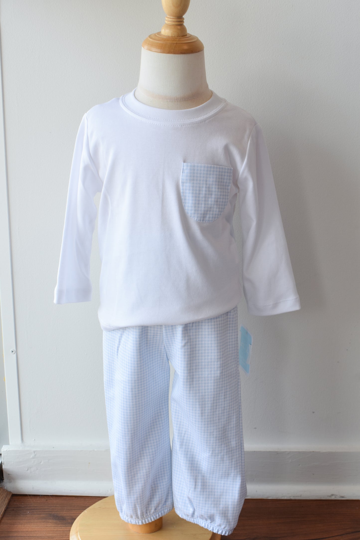 Bebe Blue Gingham Knit Pocket Tee Pant Set