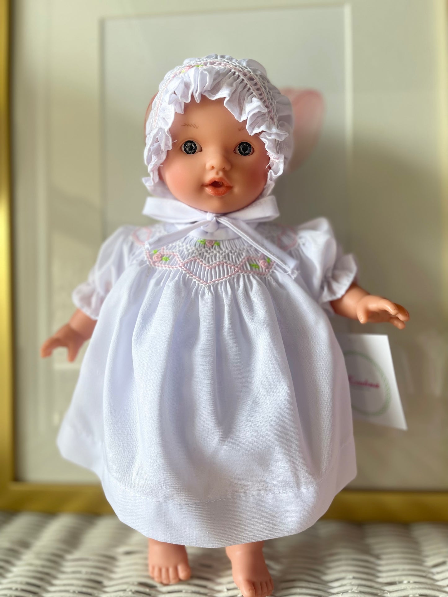 Bald Doll-White Smocked Dress/Bonnet