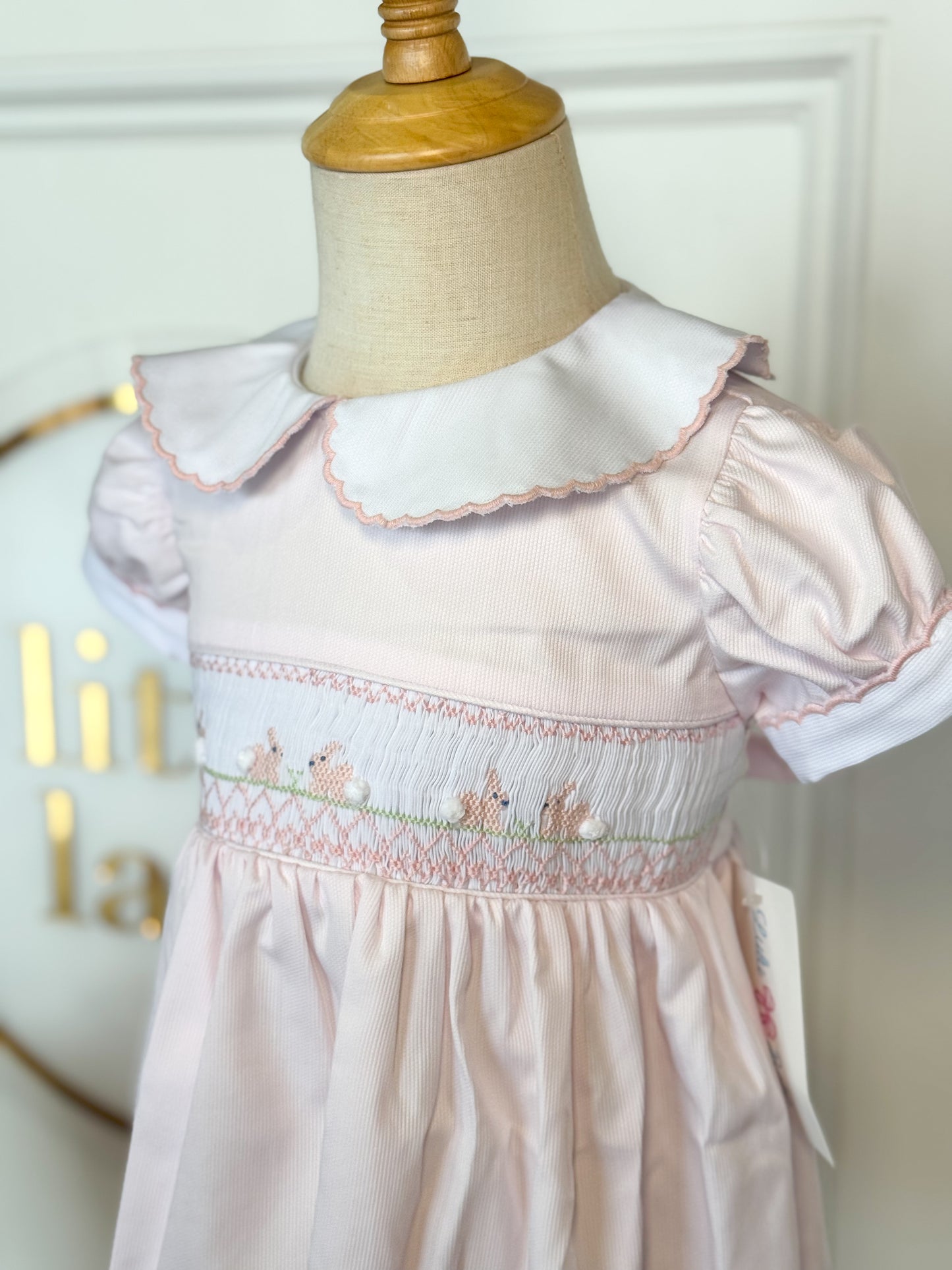 Pink Bunny Rabbit Smocked-Rose Collared Dress