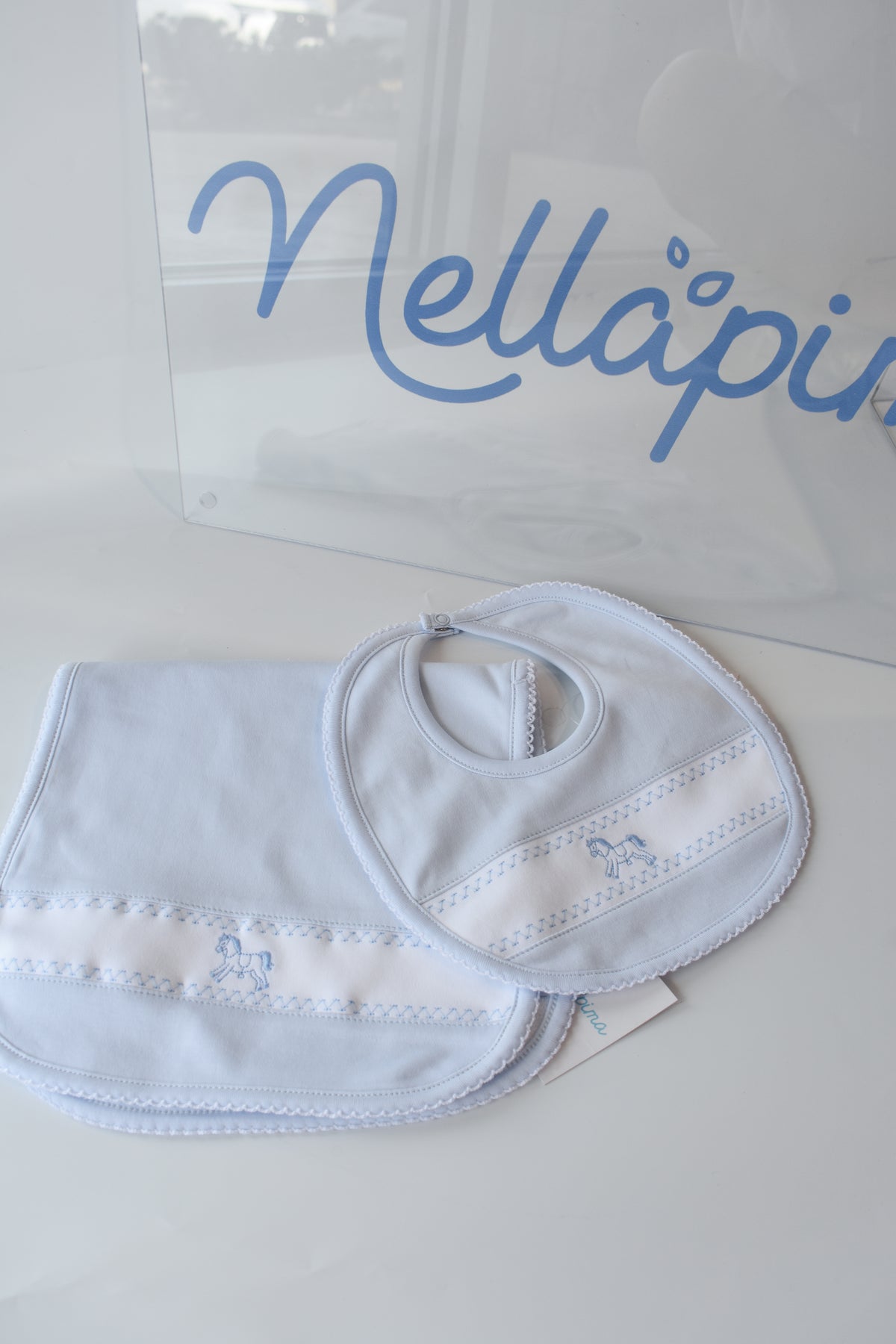 Blue Rocking Horse Embroidered Bib
