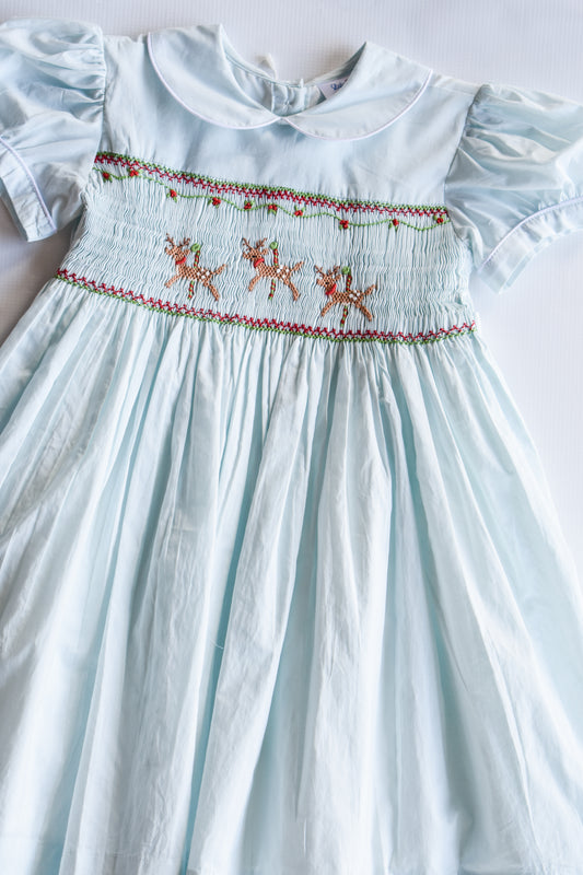 Vintage Wintergreen Reindeer Smocked Tiffany Dress