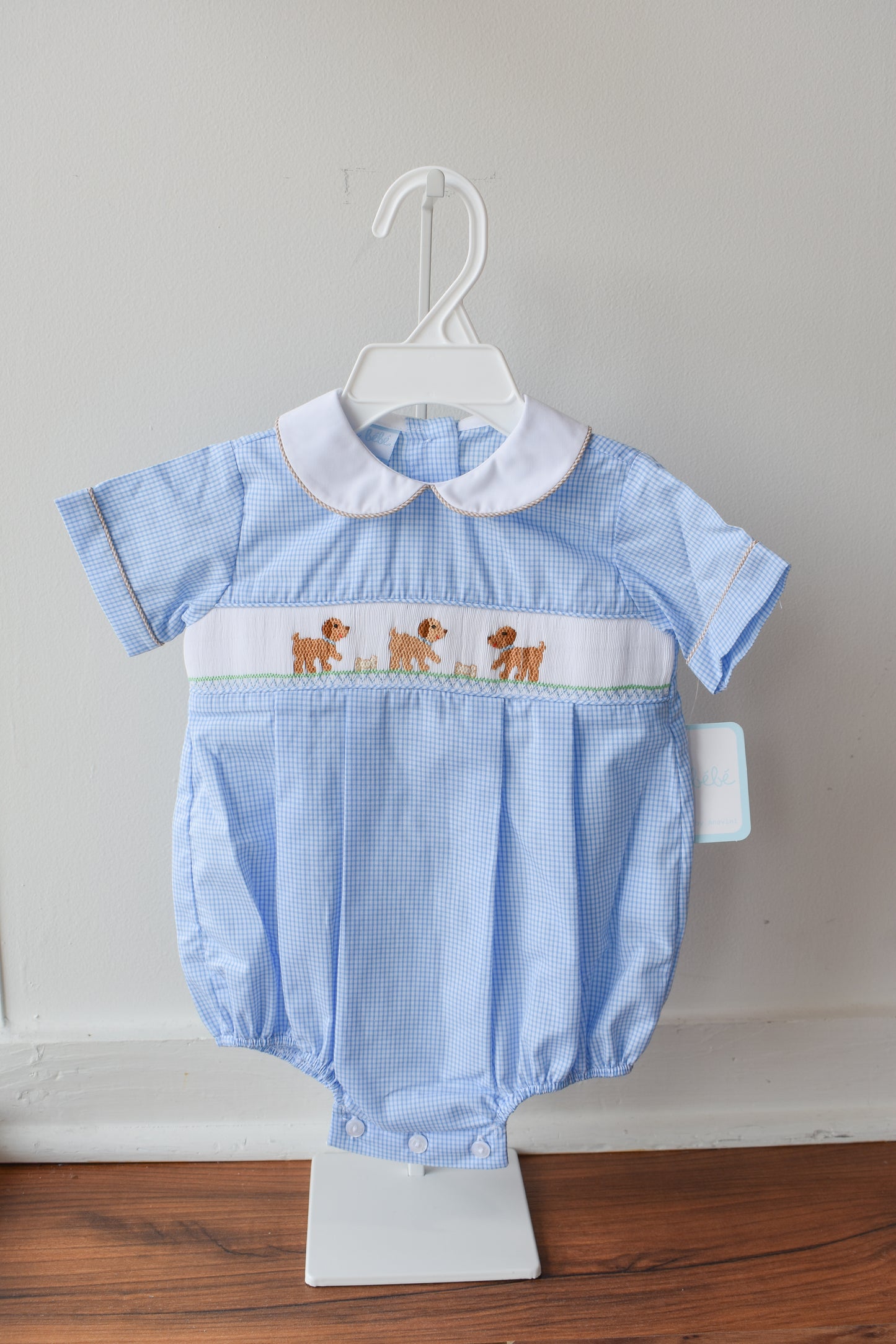 Petit Pups Blue Check Smocked Bubble