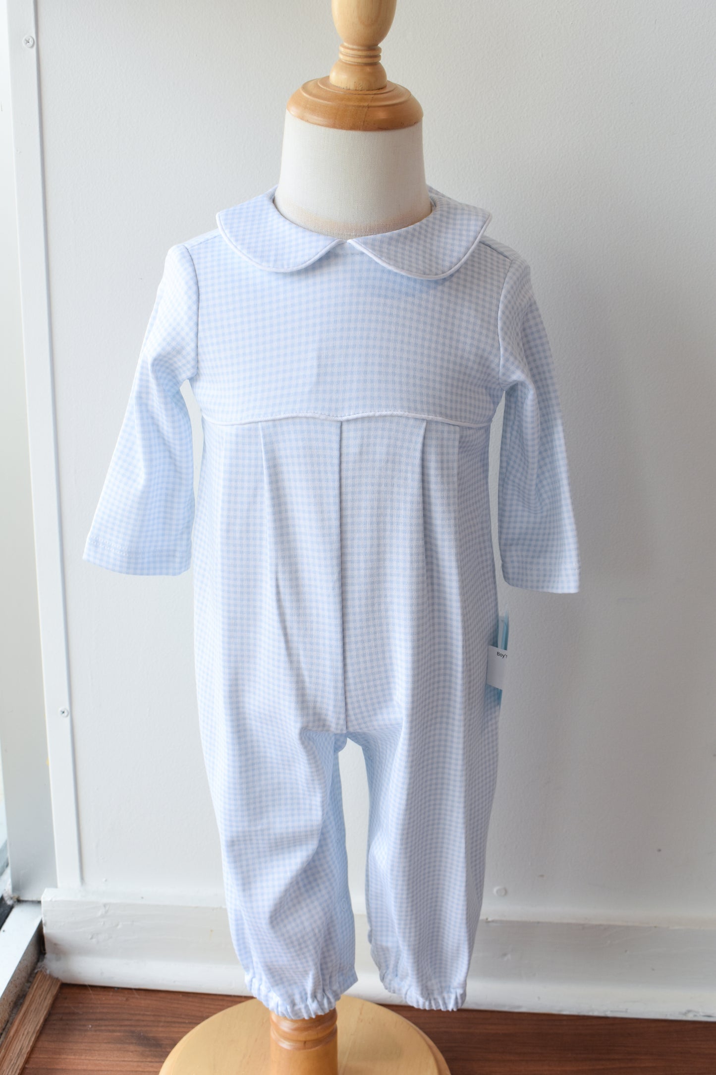 Bebe Blue Gingham Knit Long Sleeve Romper