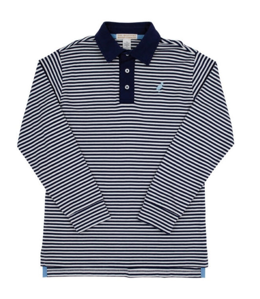 Prim & Proper Polo LS-Nantucket Navy Stripe