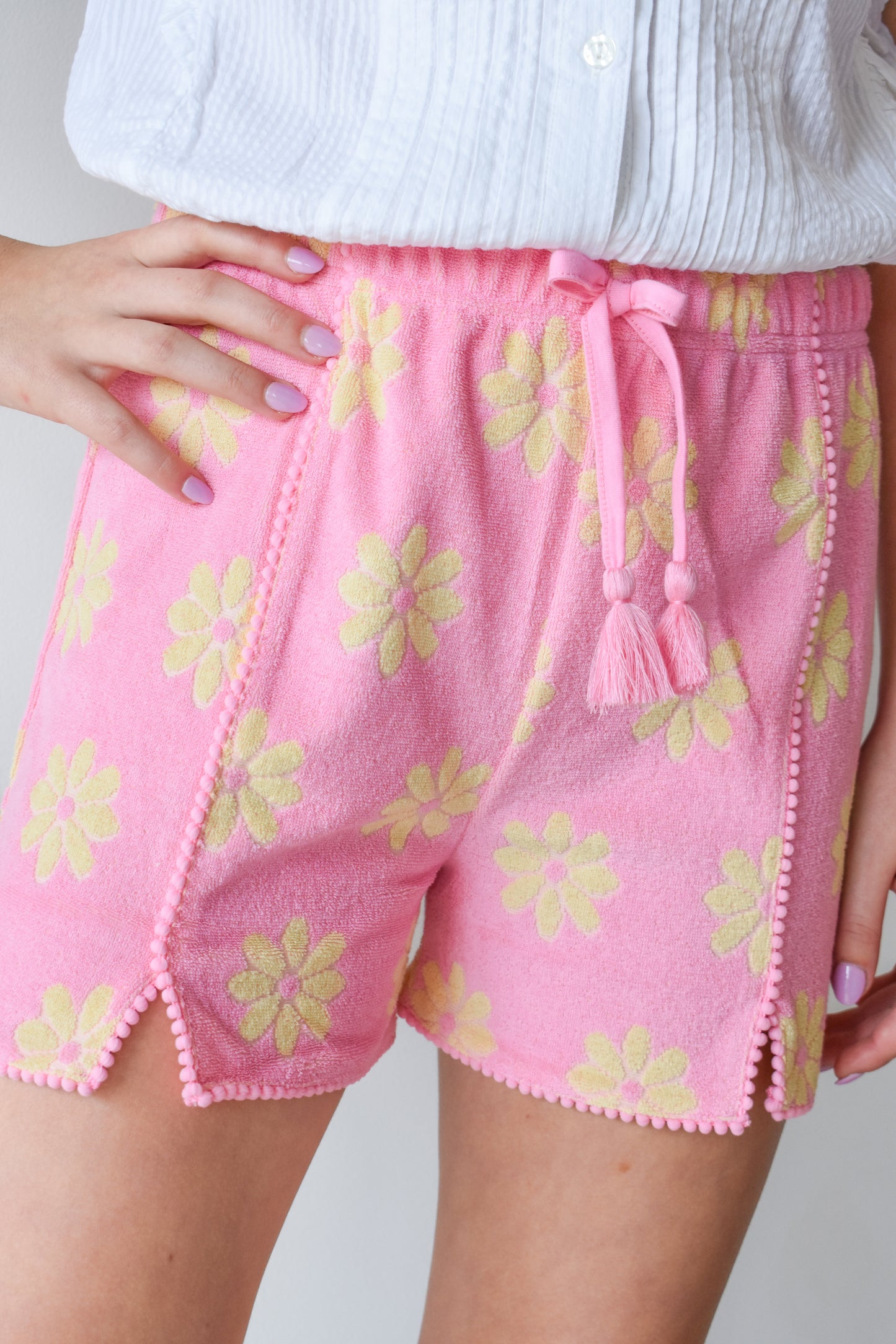 Pom Pom Terry Shorts-Pink Floral