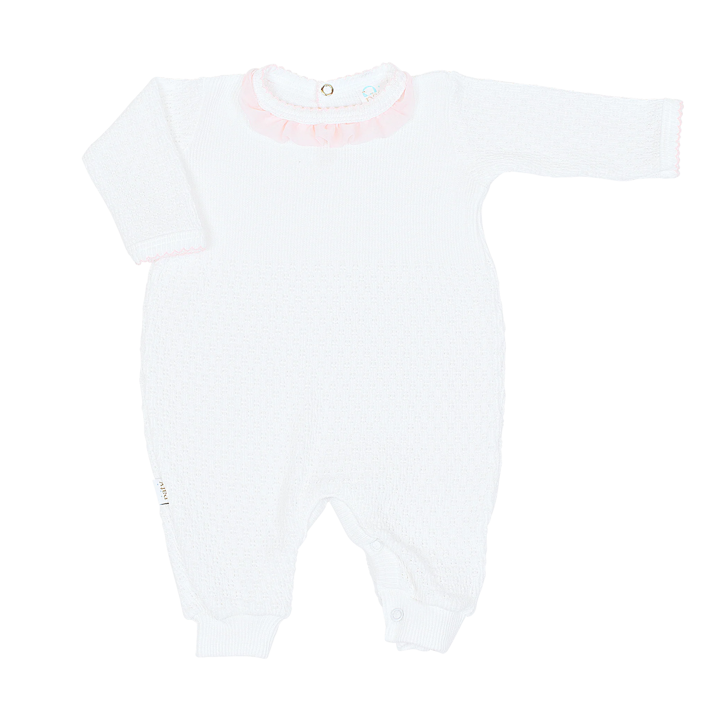 Paty LS Ruffled Chiffon Trim Romper-White/Pink Trim