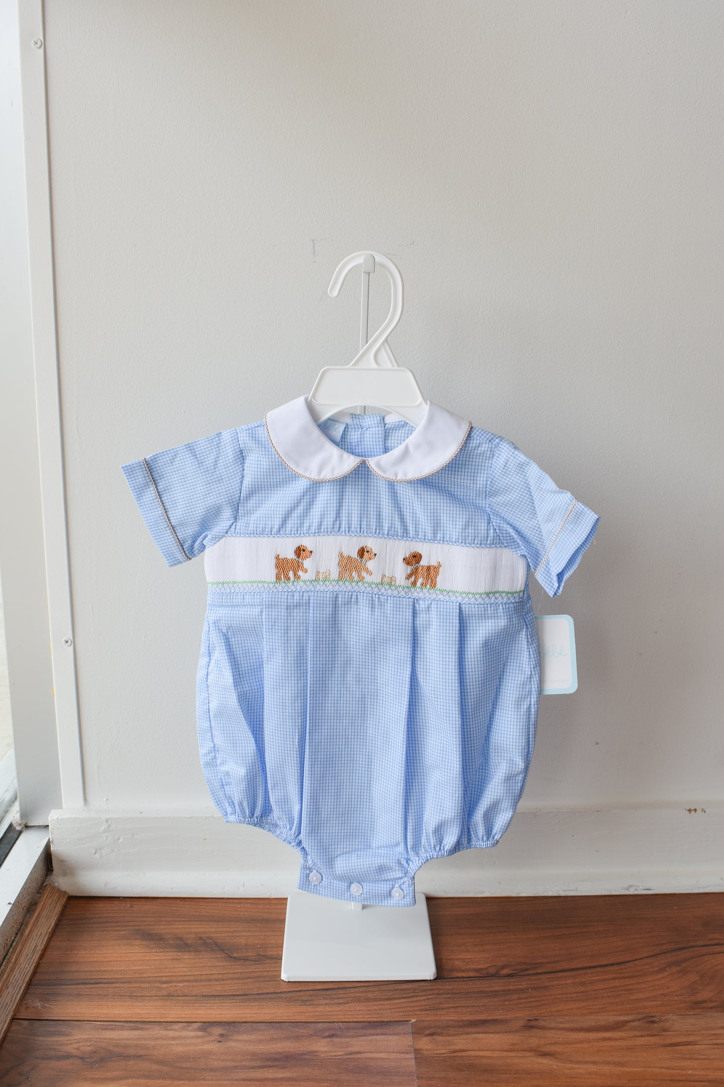 Petit Pups Blue Check Smocked Bubble