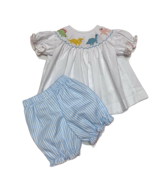 Emma White Smocked Bloomer Set W/ Dino