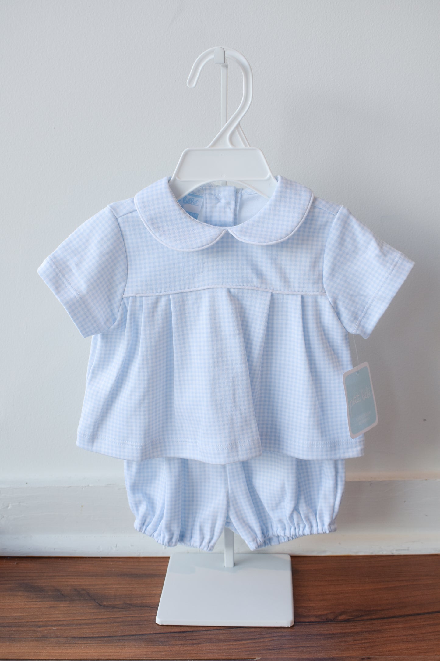 Bebe Blue Gingham Knit Boy Diaper Set