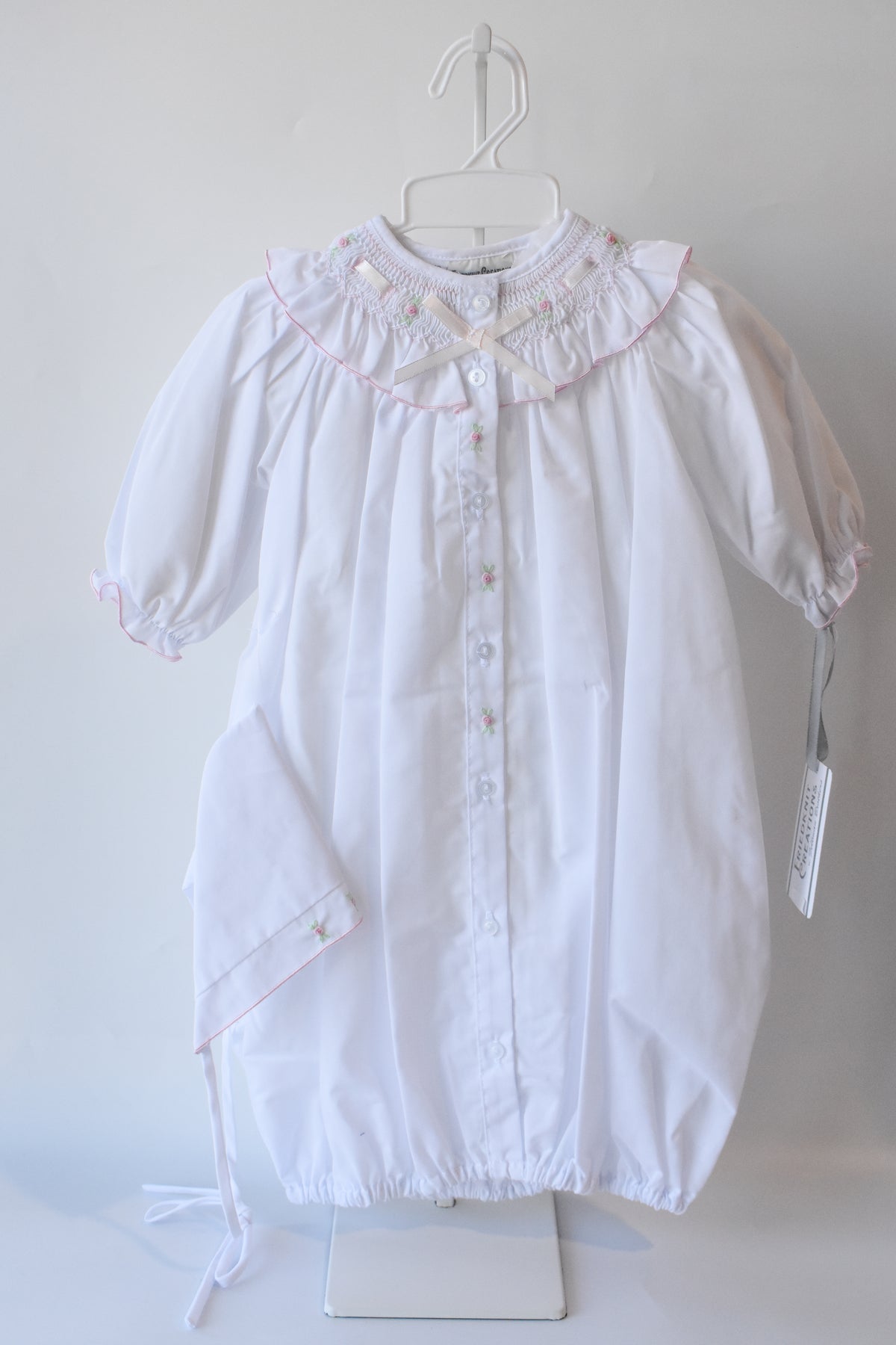 White Ribbon Ruffle Smocked Take Me Home Gown/Bonnet Set
