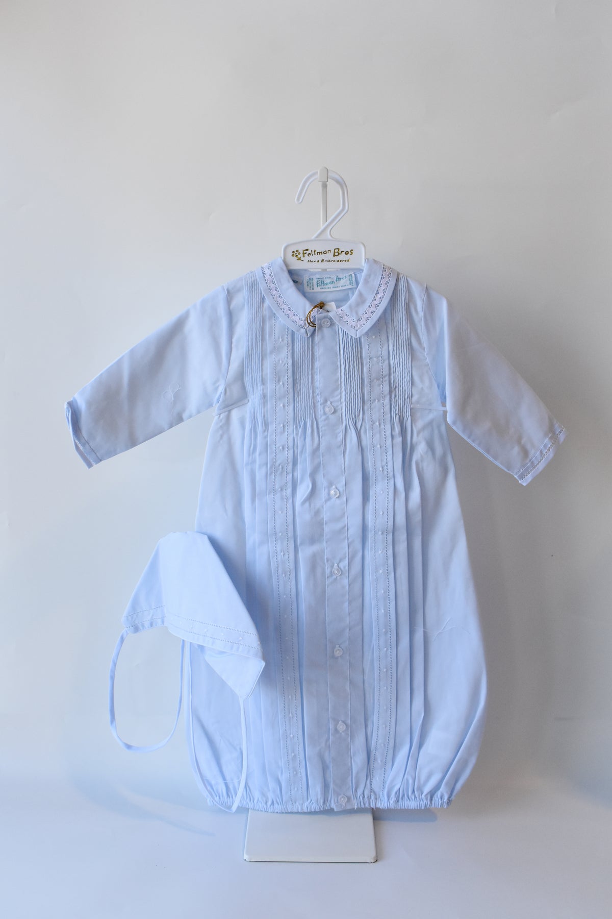 Boy's Pintuck "Take Me Home" Gown/Bonnet Set-Blue