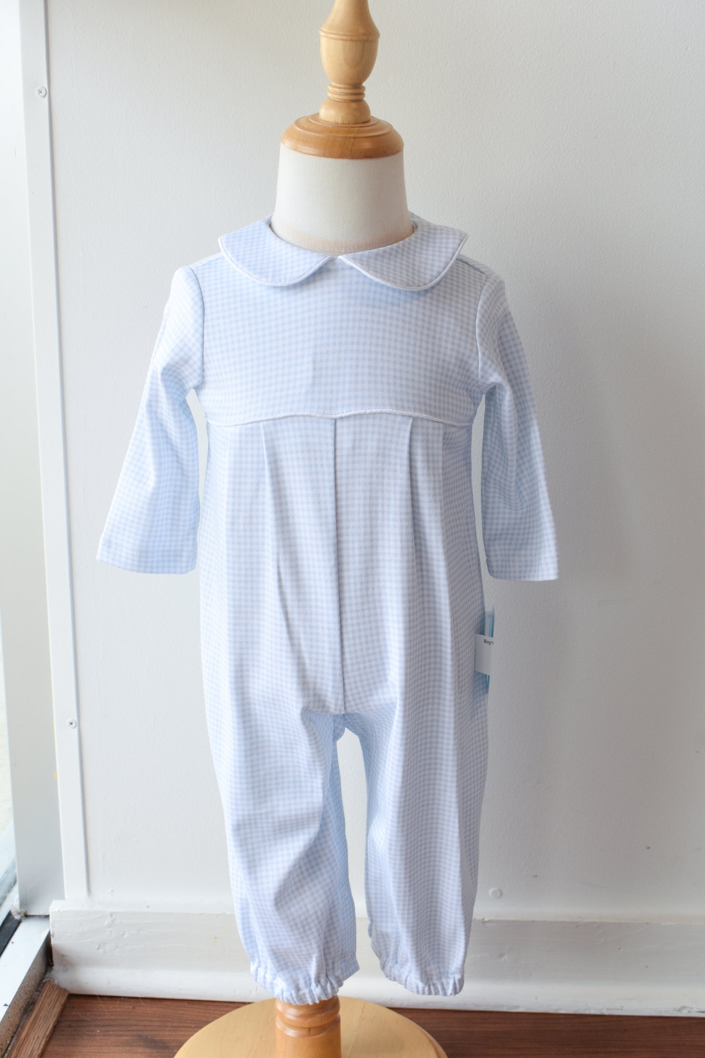 Bebe Blue Gingham Knit Long Sleeve Romper