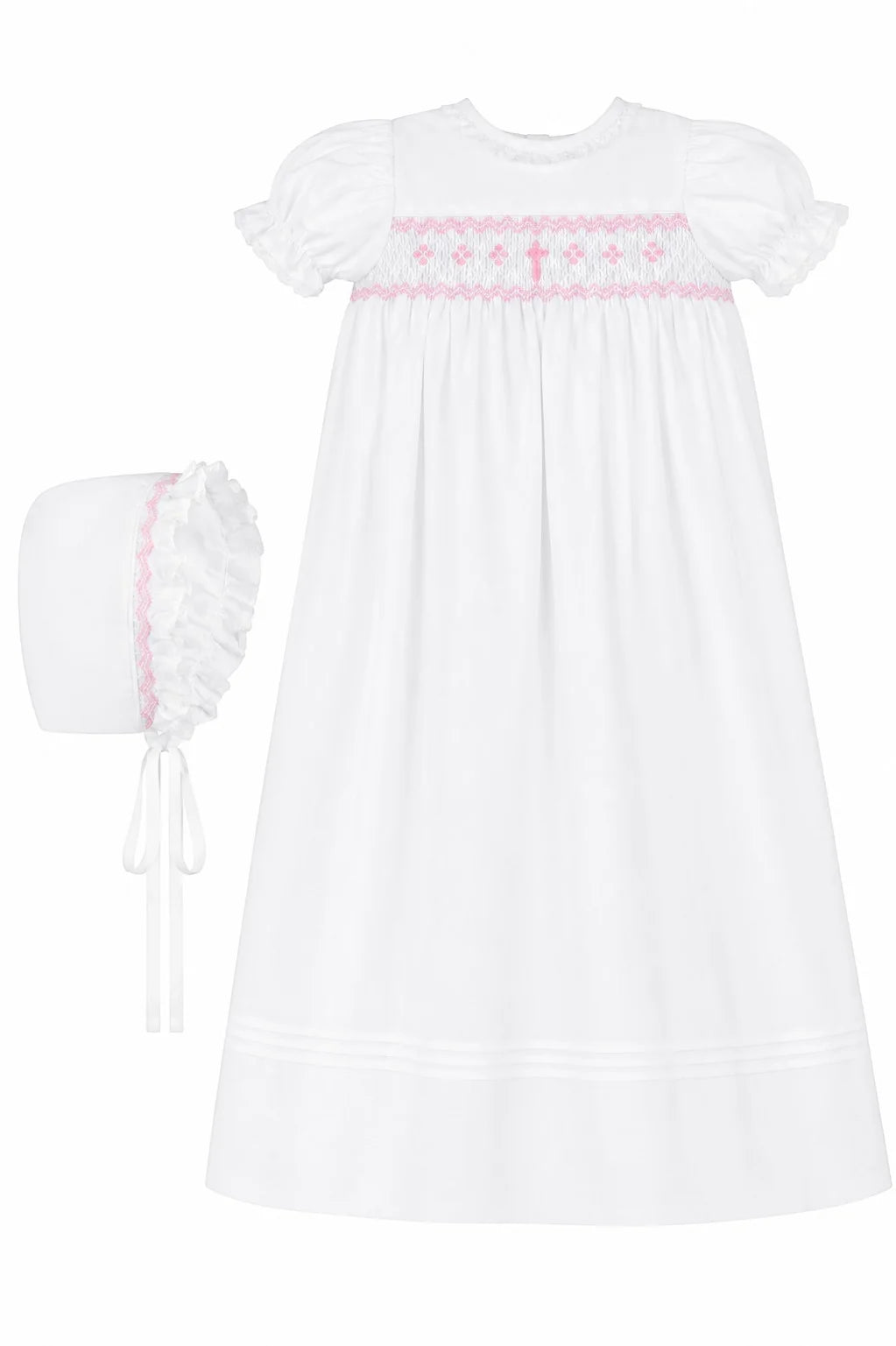 Long Bullion Cross Baby Girl Christening Gown/Bonnet Set