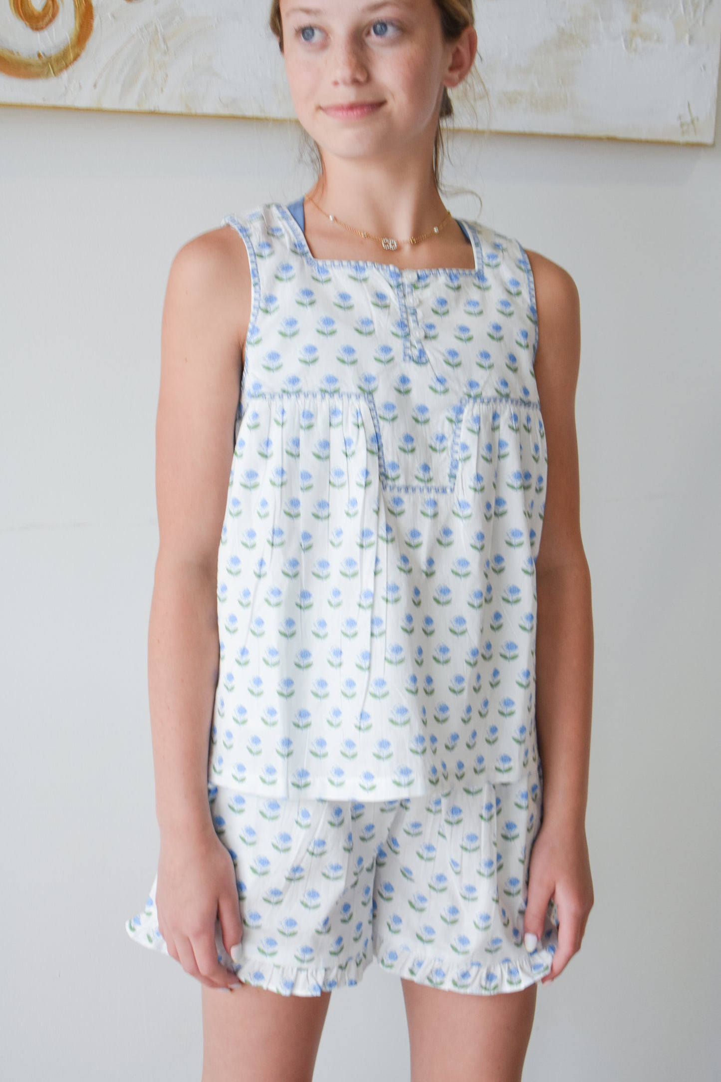 Keystone Top-Blue Tulip Block Print