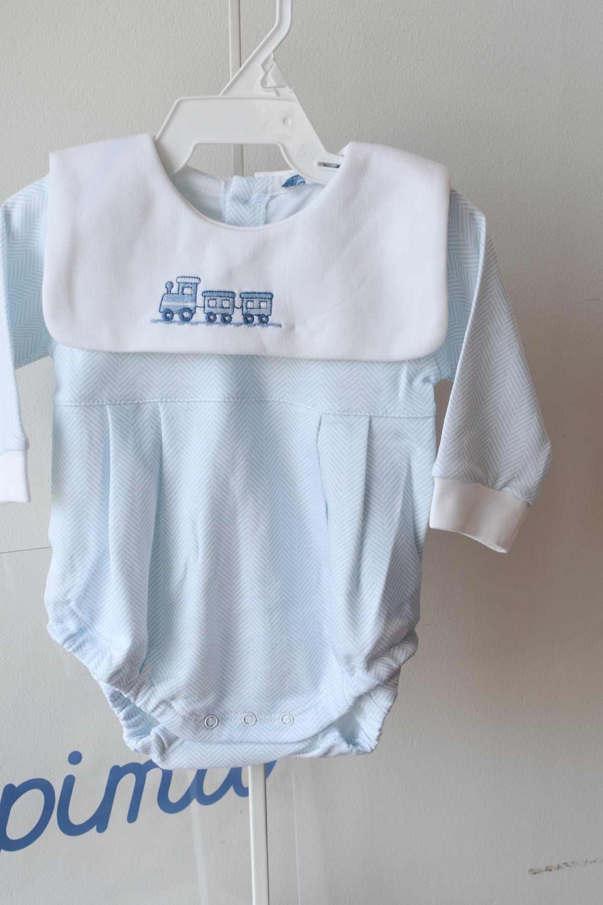Blue Herringbone Train Embroidered Bubble