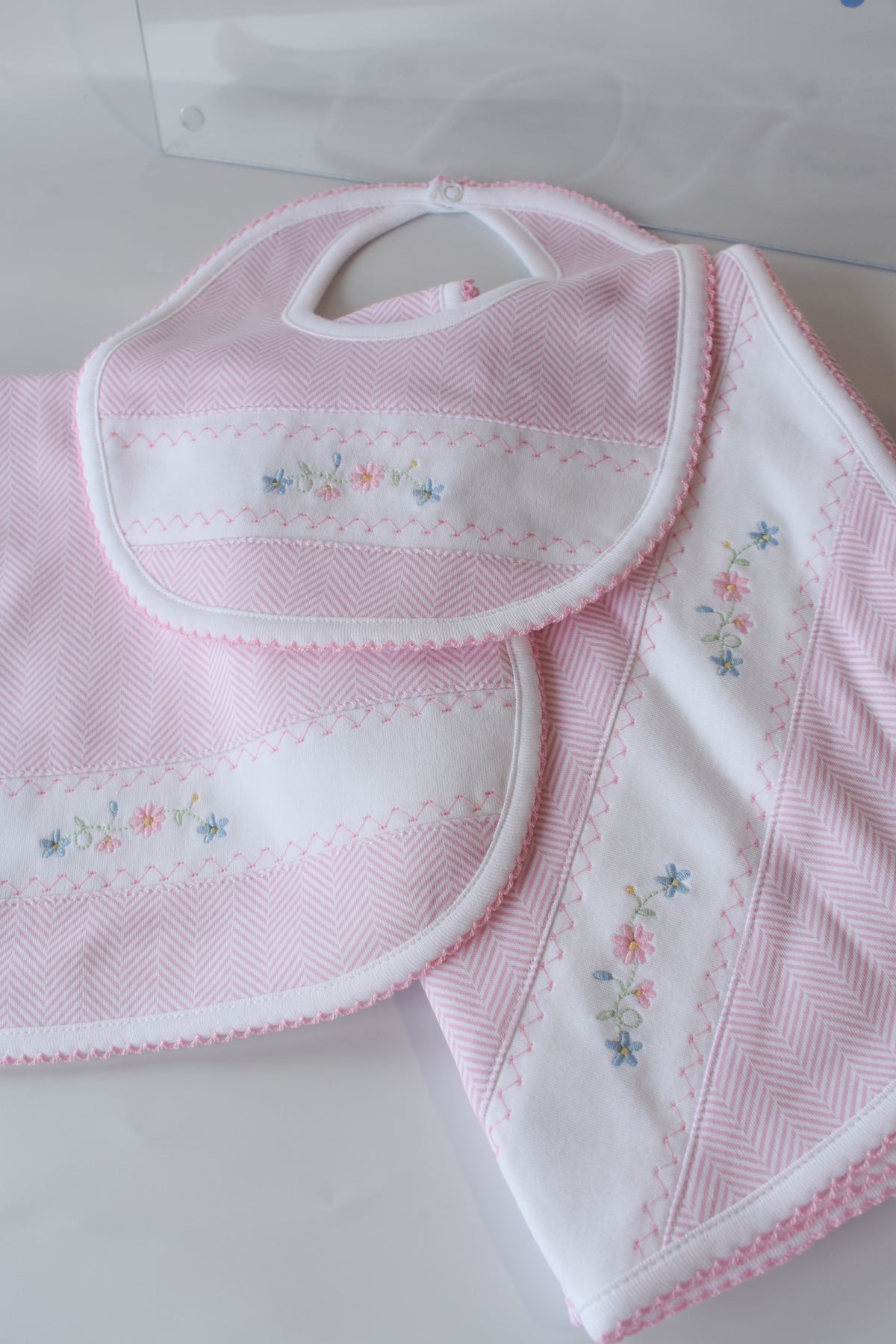 Pink Herringbone Floral Embroidered Bib