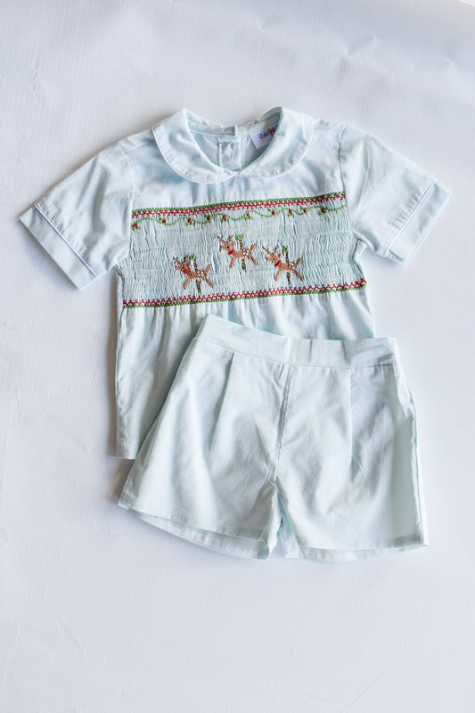 Vintage Wintergreen Reindeer Smocked Joseph Short Set