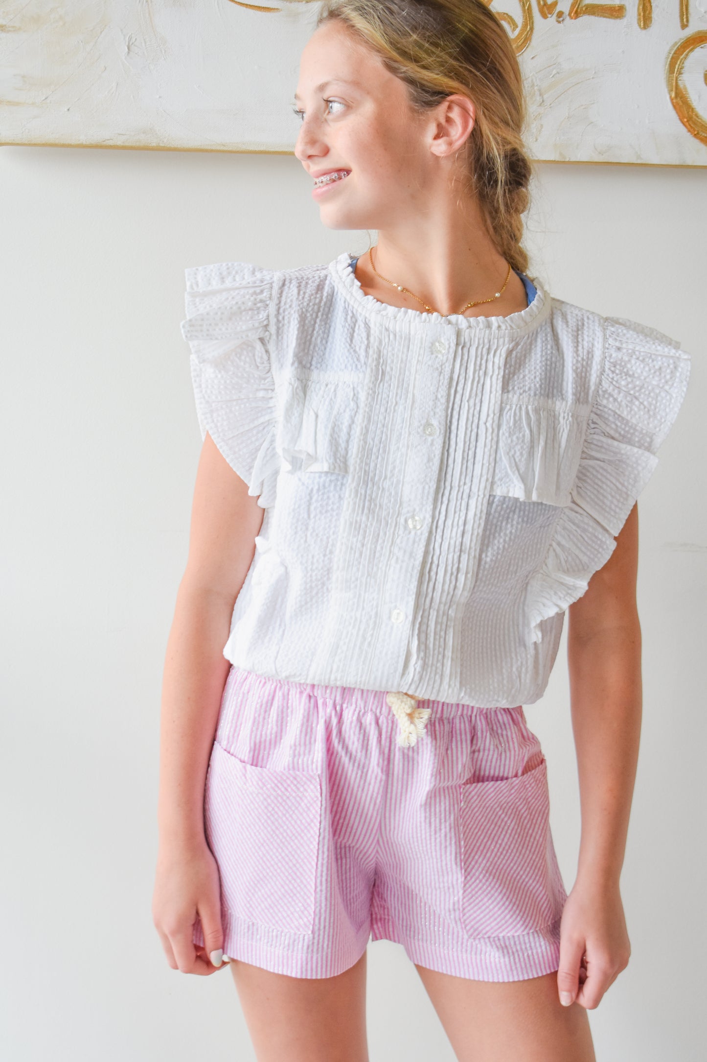Patch Pocket Shorts-Pink Sparkle Seersucker