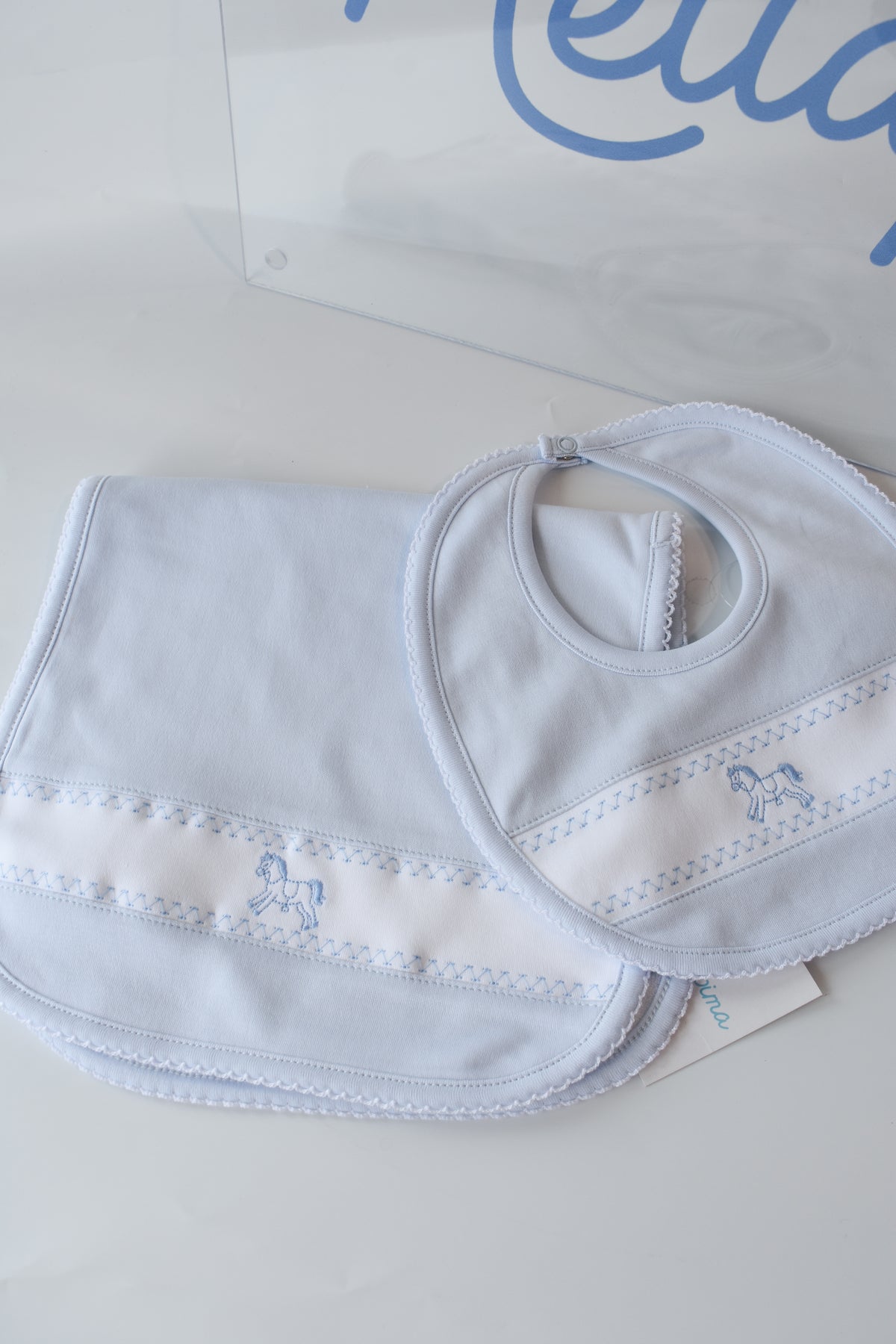 Blue Rocking Horse Embroidered Bib