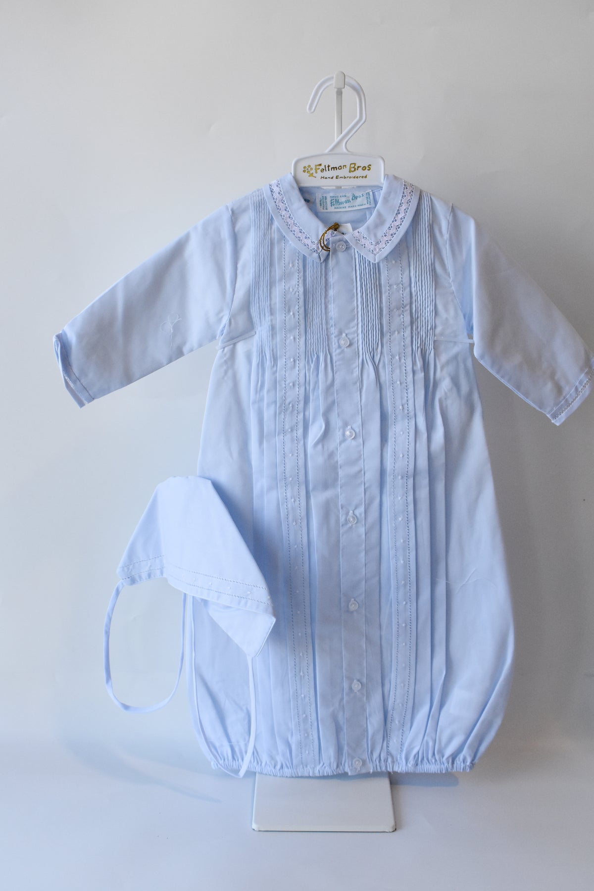 Boy's Pintuck "Take Me Home" Gown/Bonnet Set-Blue