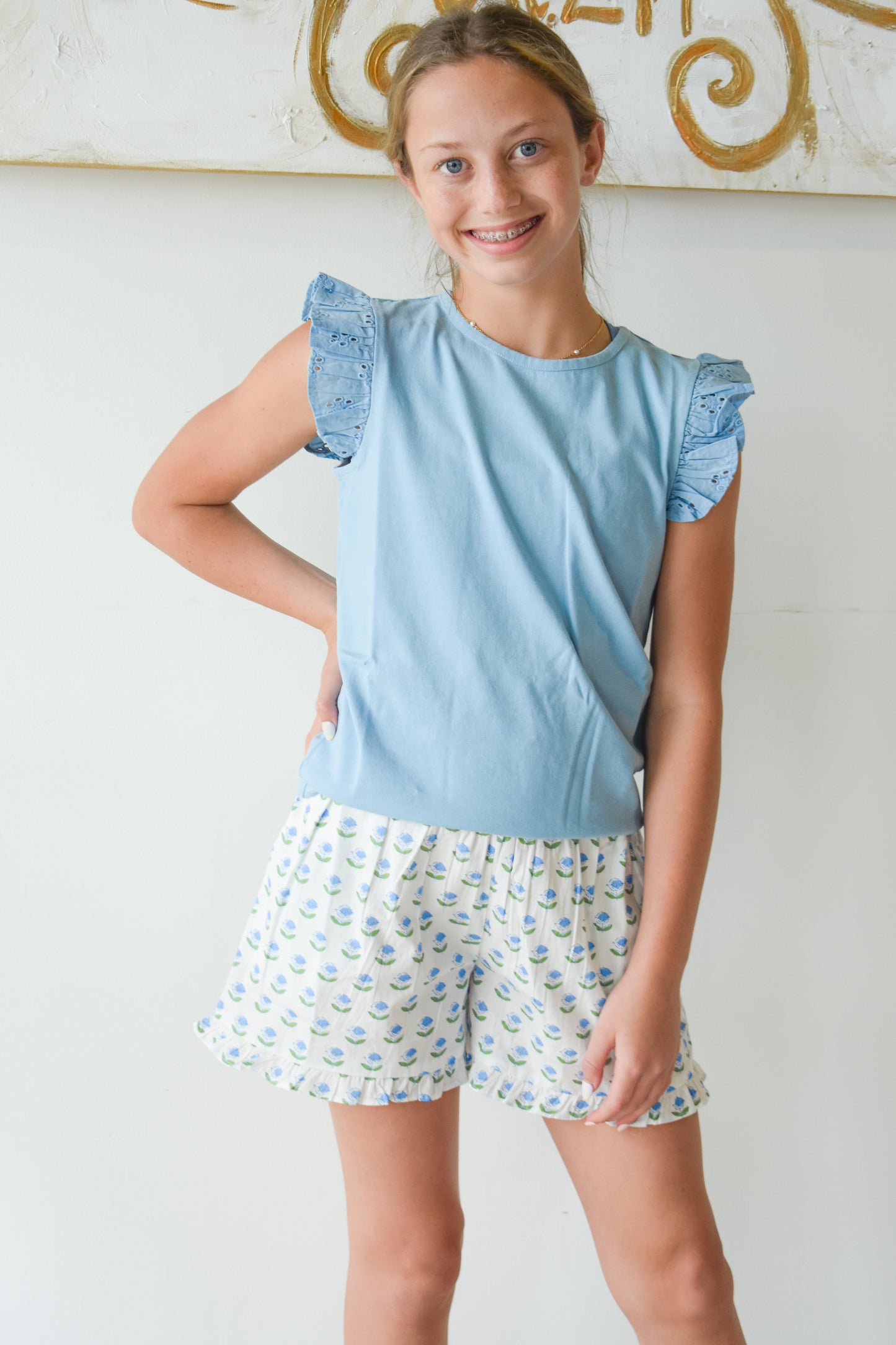 Shirred Shorts-Blue Tulip Block Print