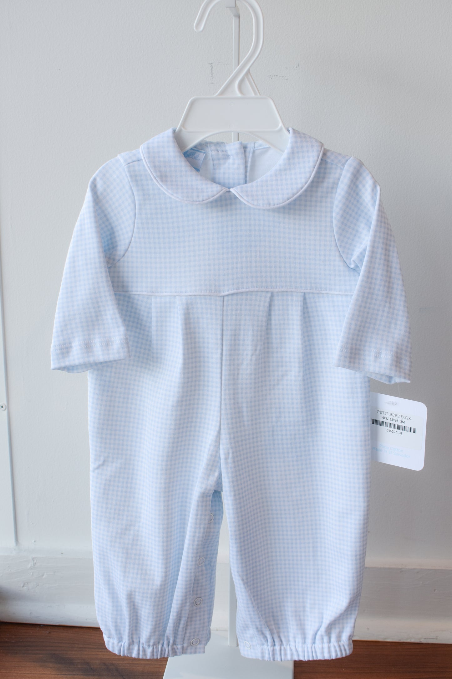 Bebe Blue Gingham Knit Long Sleeve Romper