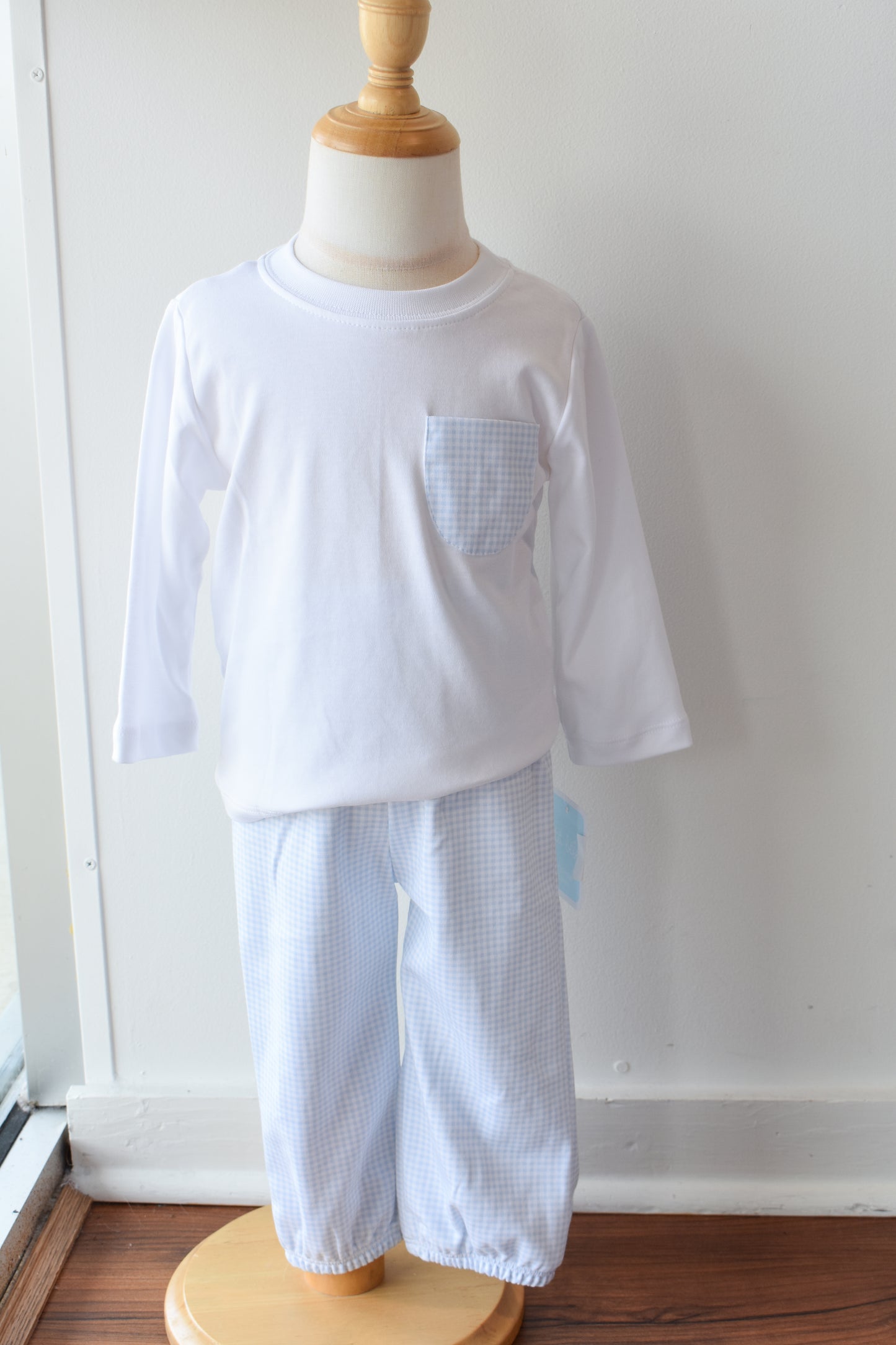 Bebe Blue Gingham Knit Pocket Tee Pant Set