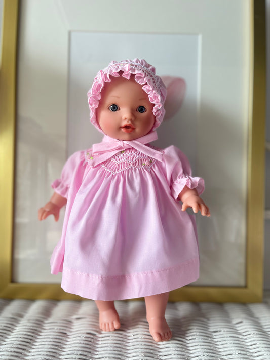 Bald Doll-Pink Smocked Dress/Bonnet