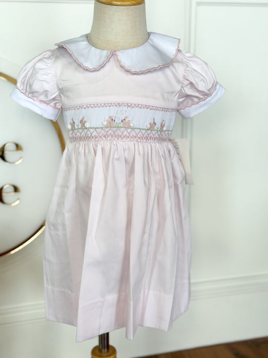 Pink Bunny Rabbit Smocked-Rose Collared Dress