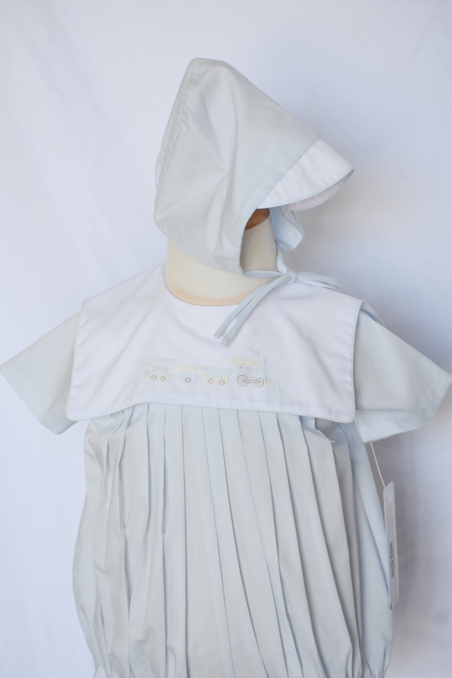 Baby Blue Choo Choo Heirloom Romper/Hat Set