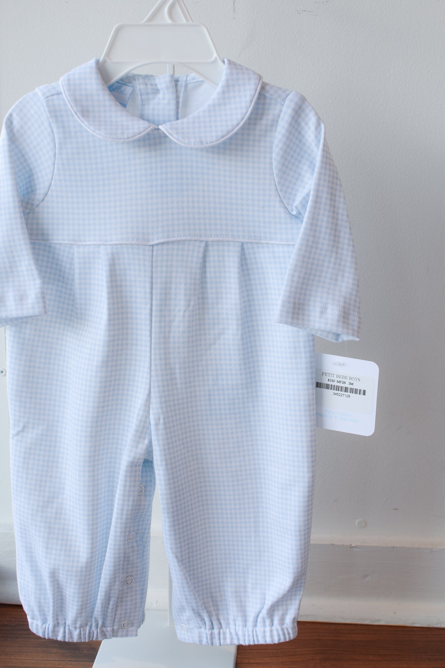 Bebe Blue Gingham Knit Long Sleeve Romper