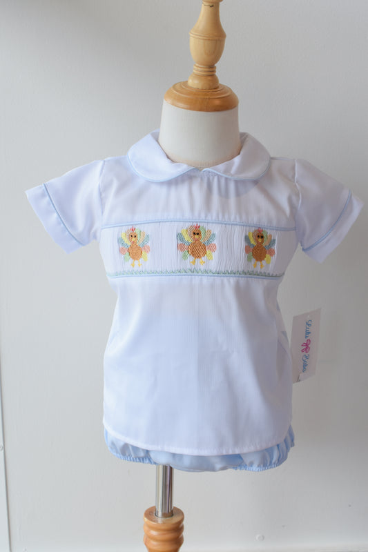 Champ’s Colorful Turkeys Smocked Diaper Set