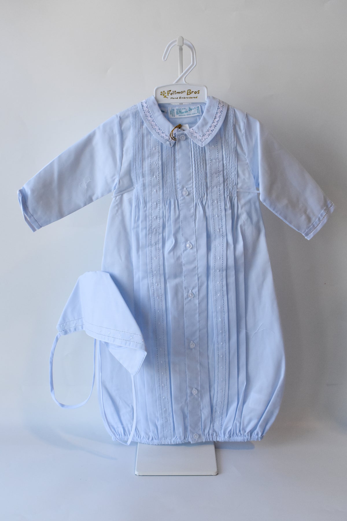 Boy's Pintuck "Take Me Home" Gown/Bonnet Set-Blue