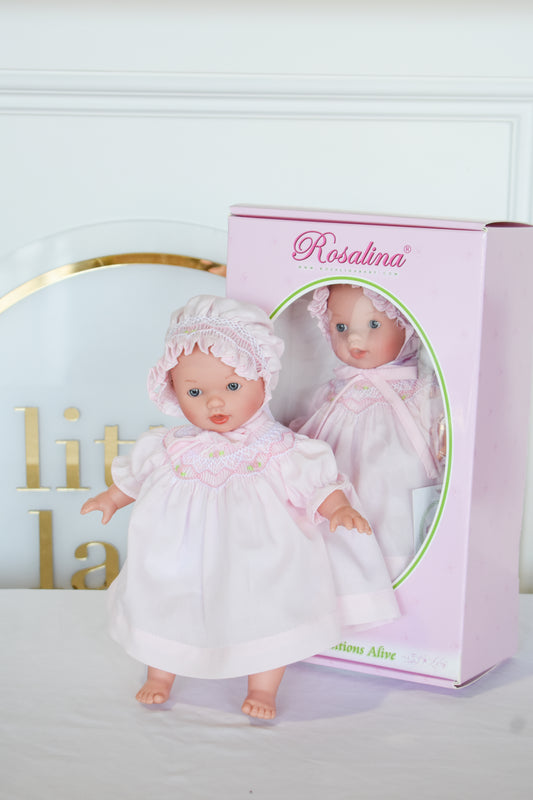 Abby Bald w/ Bonnet Doll-Pink Smocked Dress