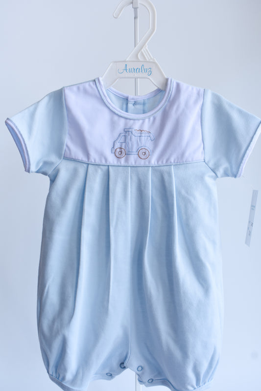 Little Loader Blue Knit Bubbled Romper