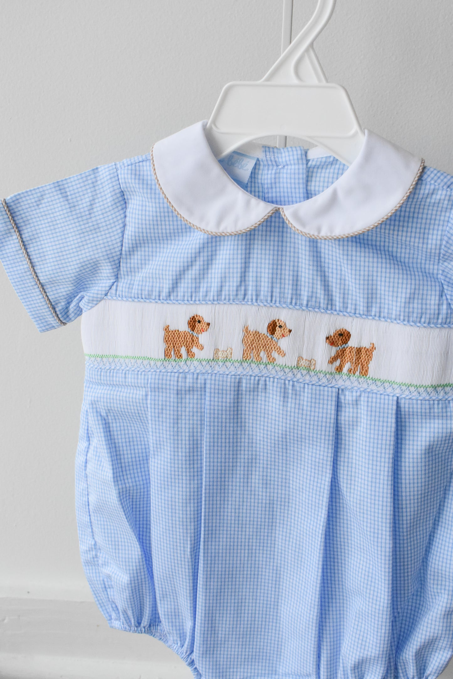 Petit Pups Blue Check Smocked Bubble