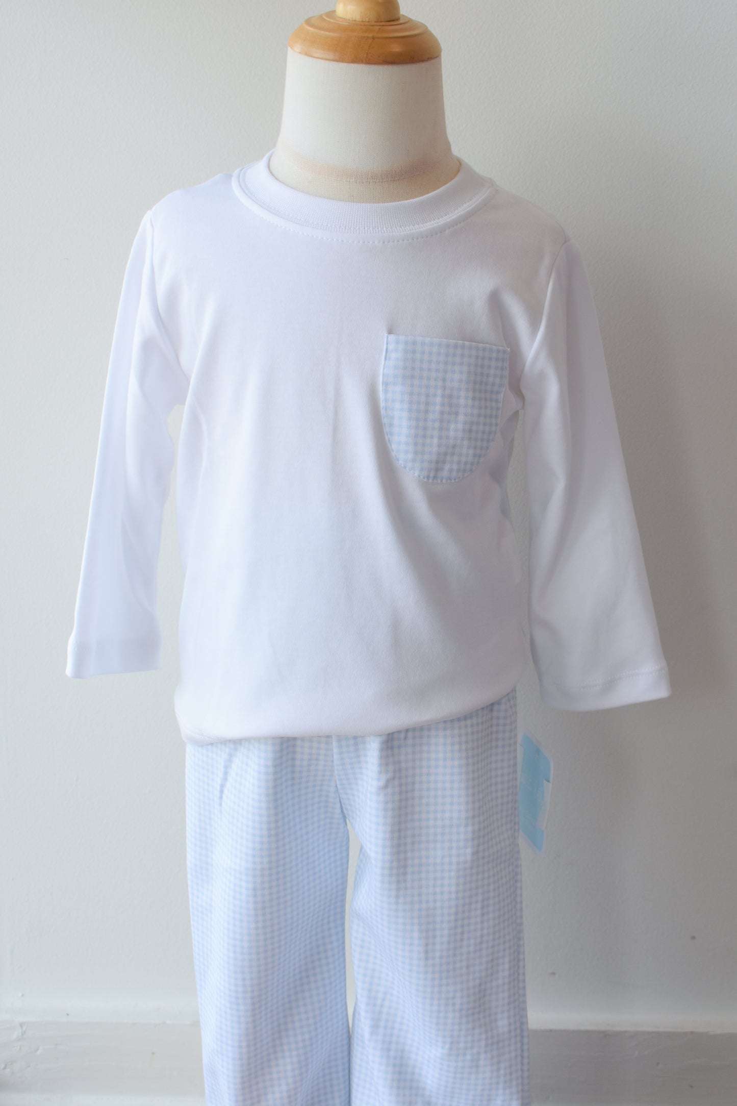 Bebe Blue Gingham Knit Pocket Tee Pant Set
