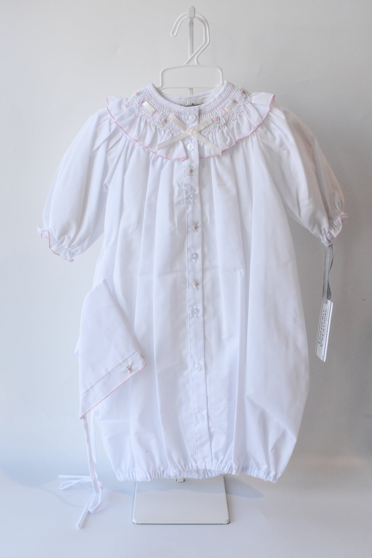 White Ribbon Ruffle Smocked Take Me Home Gown/Bonnet Set