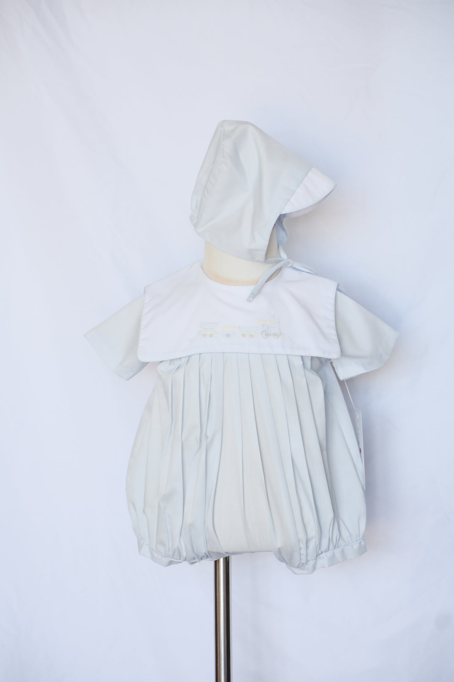 Baby Blue Choo Choo Heirloom Romper/Hat Set