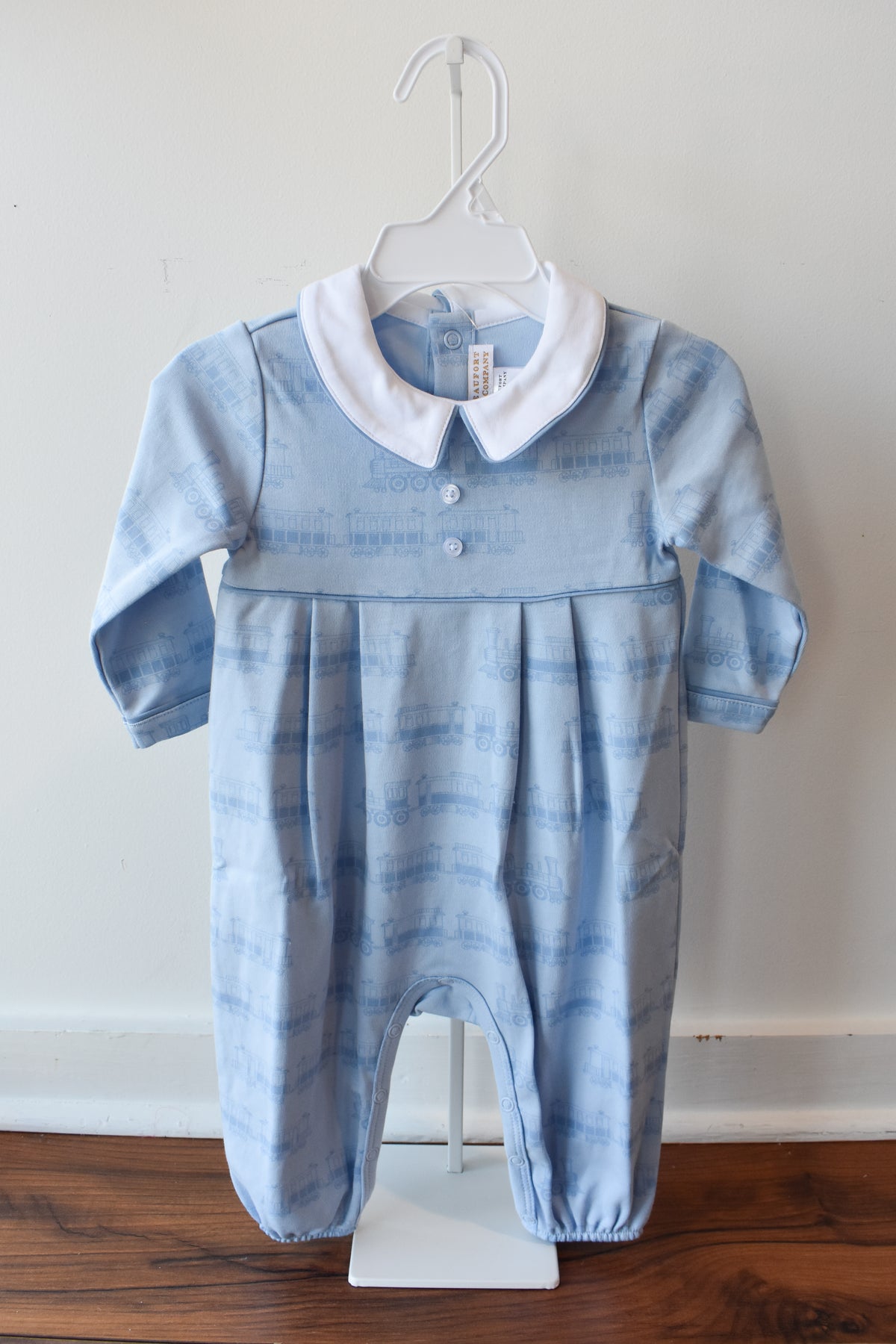 Long Sleeve Knit Bradford Romper-Blue Choo Choos