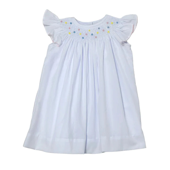 Geo Flower Bishop Dress, White Batiste