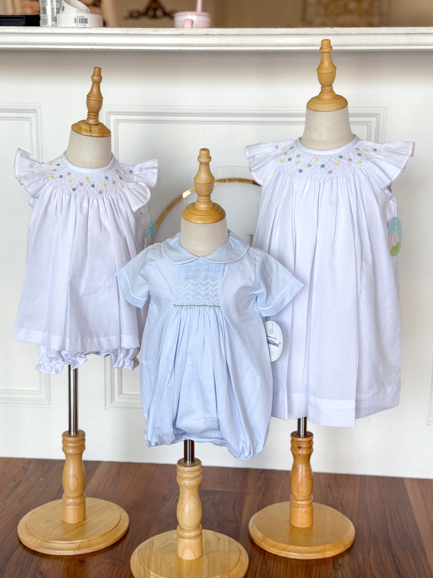 Geo Flower Bishop Dress, White Batiste